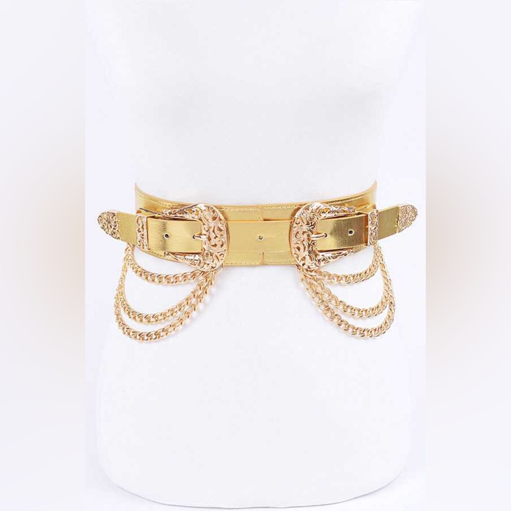 Plus Size Western Chain Double Buckle Leather Statement Belt